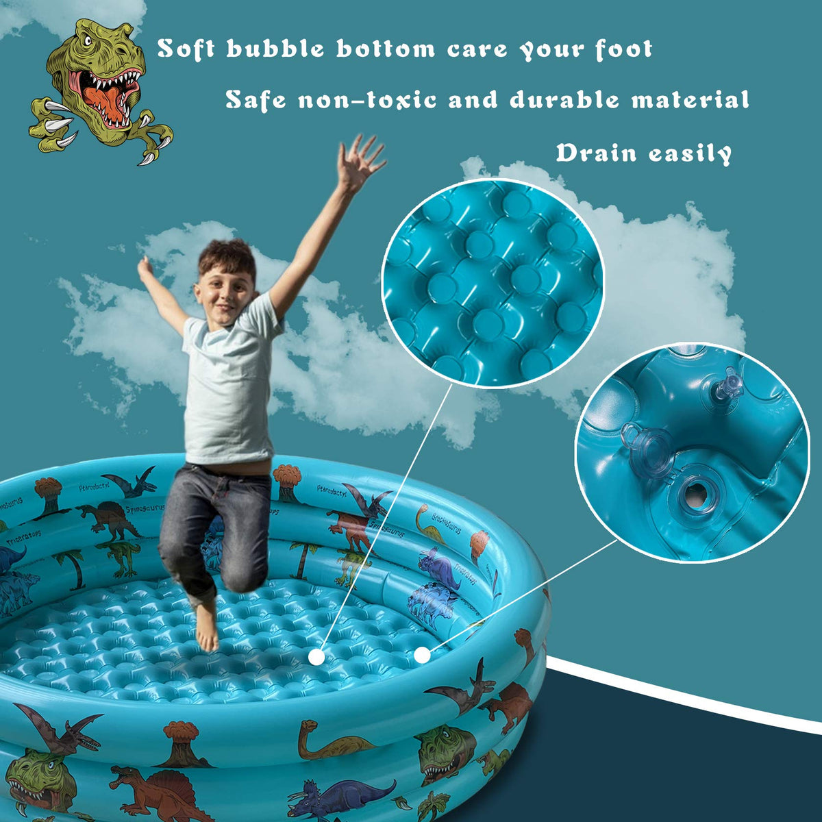 10Leccion Dinosaur Pool drain hole for quick water release