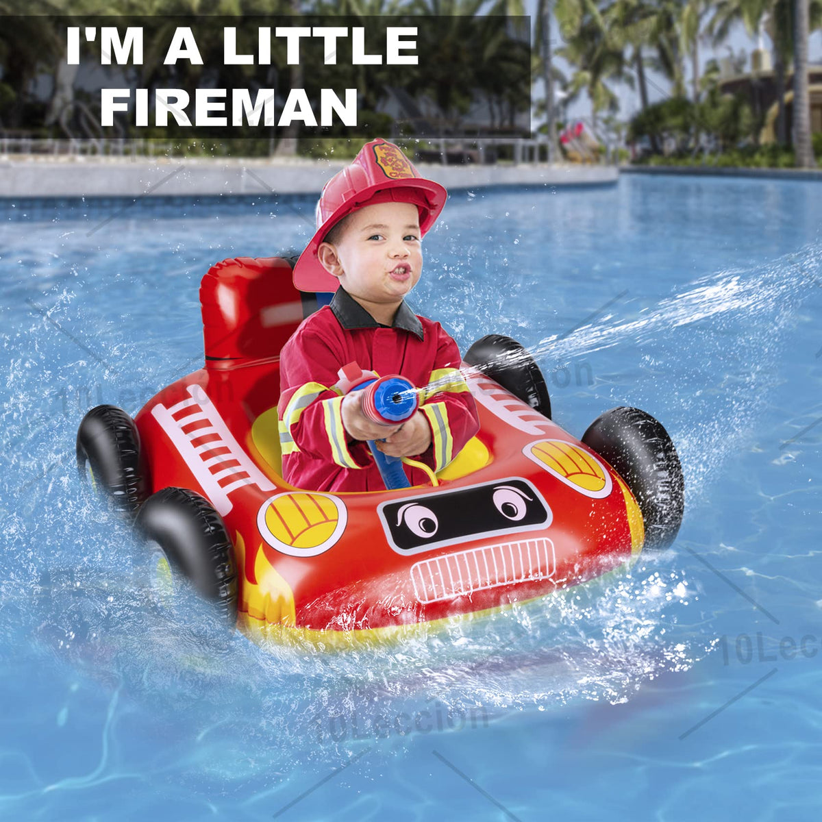 10Leccion fire-boat-pool-float uses durable materials for long summers.