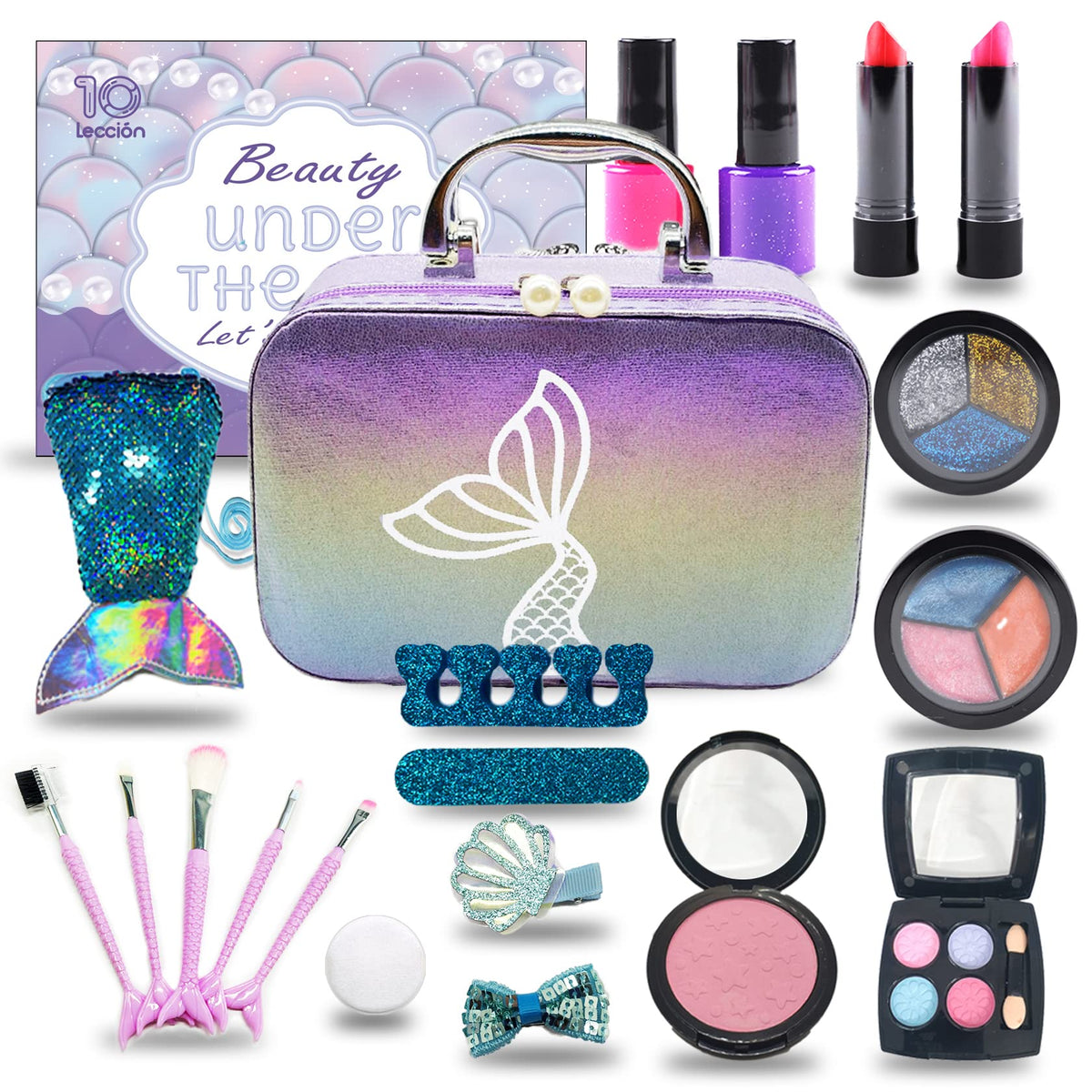 10Leccion kids makeup set mermaid palette in travel case for organized pretend play