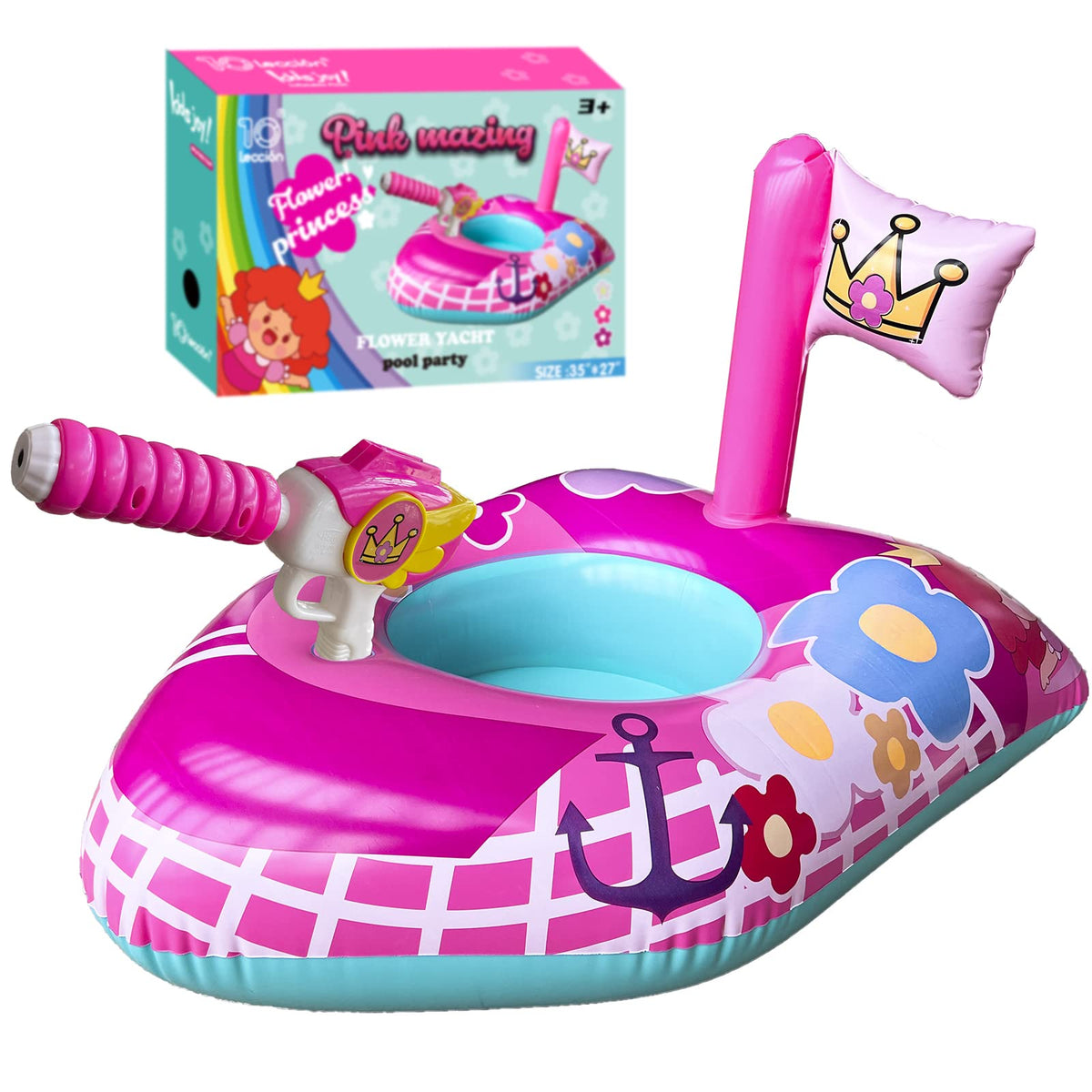 10Leccion pink flower yacht float, front view, ideal for imaginative pool play