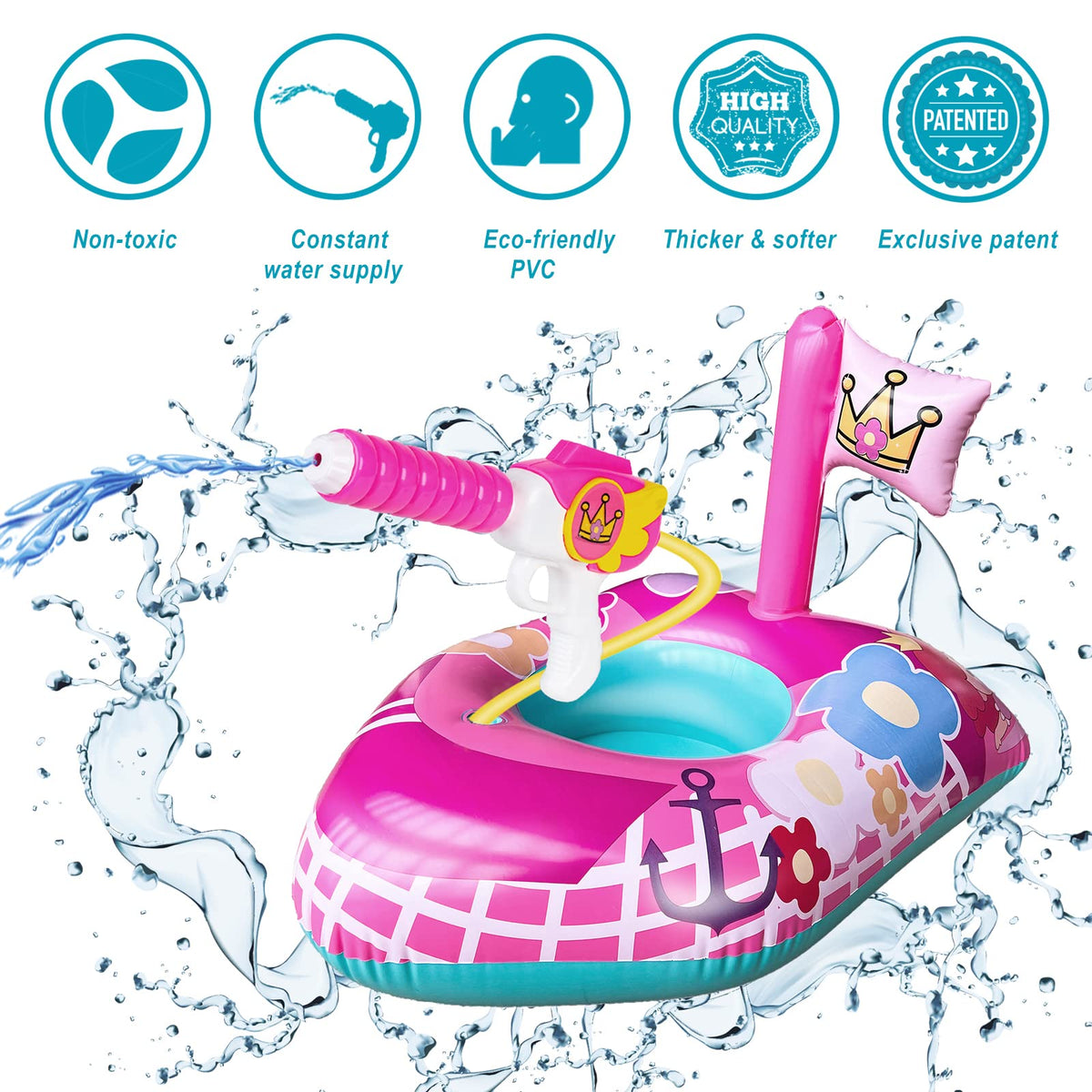 10Leccion pink princess pool float, side view, bright summer fun for kids