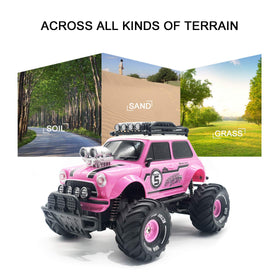 10Leccion pink RC truck with durable suspension for stability on varied surfaces.