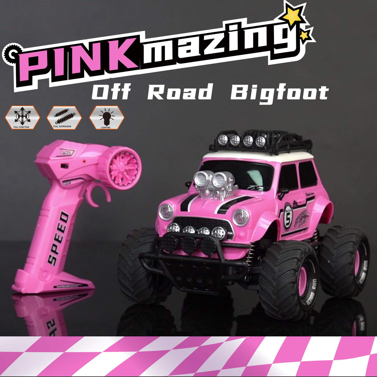 10Leccion pink RC truck side view, compact size for indoor play.