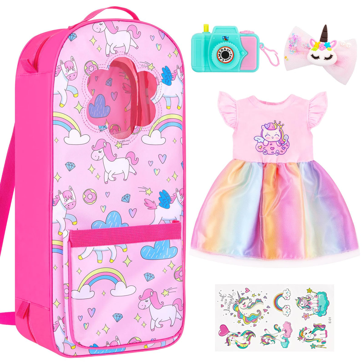 18INDC unicorn-pattern dress on 18-inch doll for rainbow fashion play