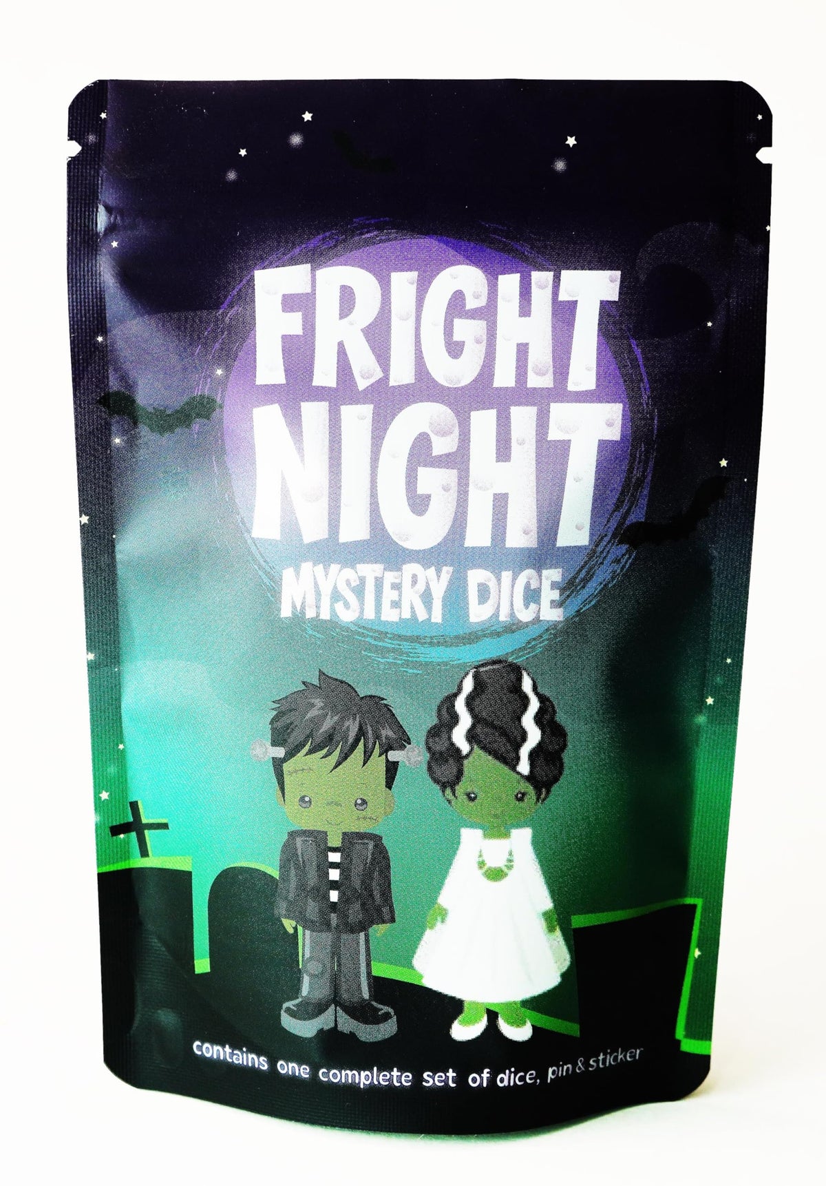 1985 Games Fright Night dice set with seven polyhedral dice for RPG campaigns.