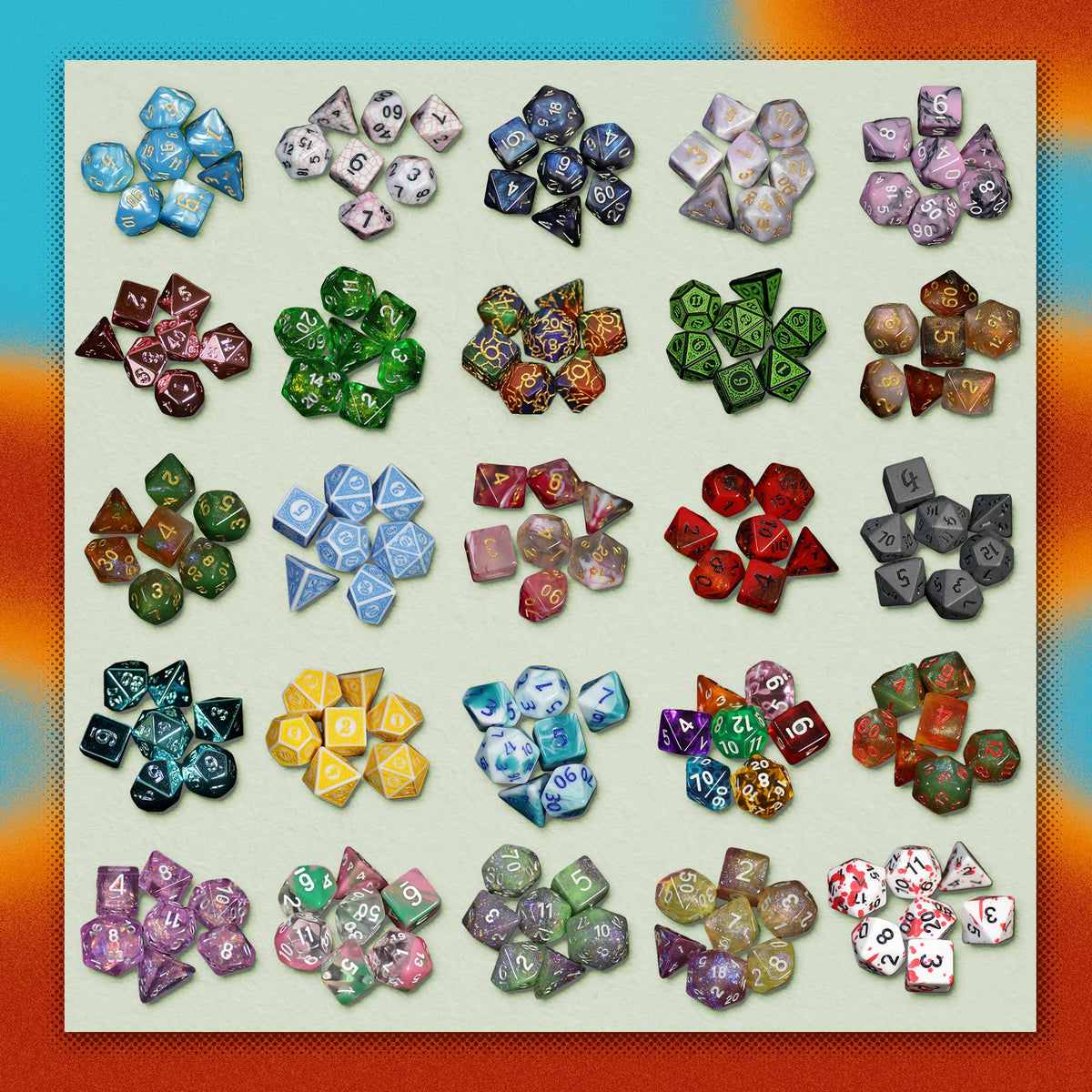 1985 Games Mystery Dice showcase colorful patterns for RPG play.