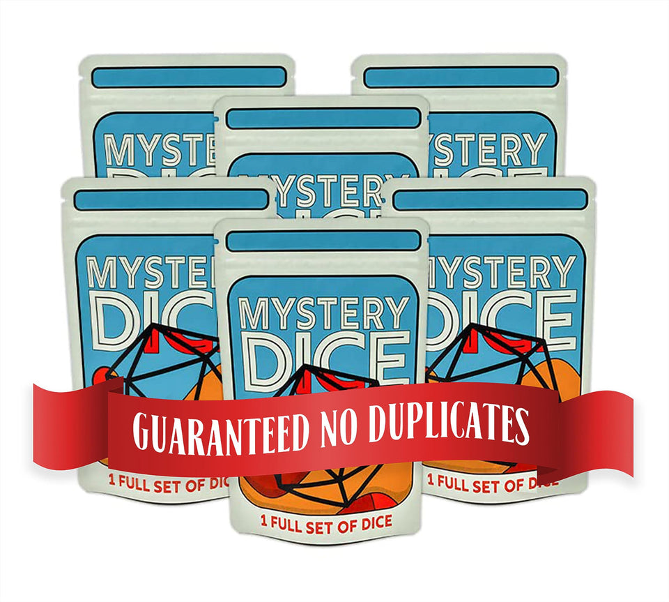1985 Games Mystery Dice set of seven polyhedral dice for RPG sessions.
