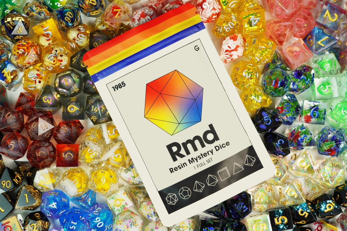 1985 Games polyhedral resin dice bring a modern, angular aesthetic to any tabletop.