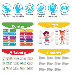 1step2dream Spanish Busy Book interactive pages for fine motor skills and language play.