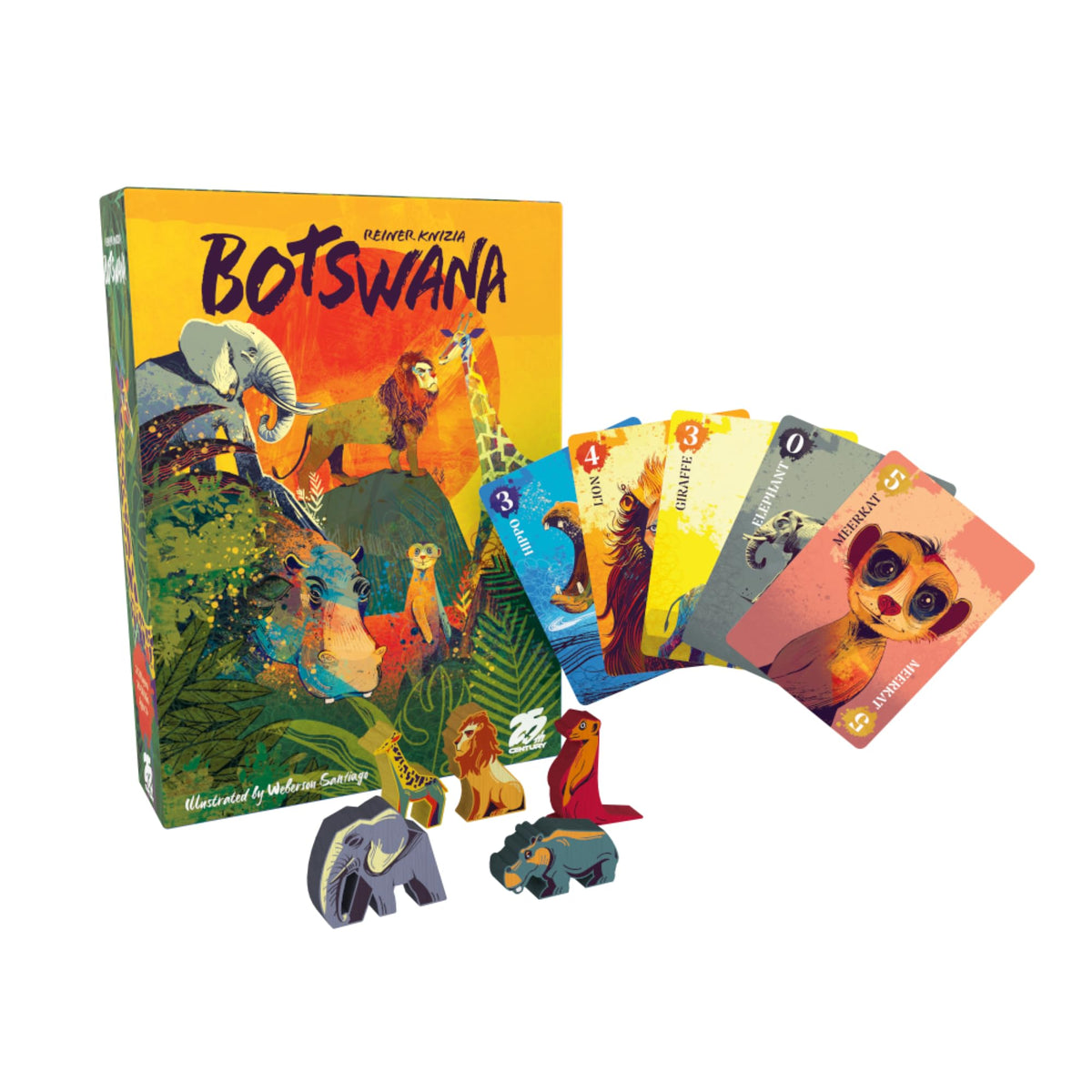 Botswana card artwork with bright colors and animal themes