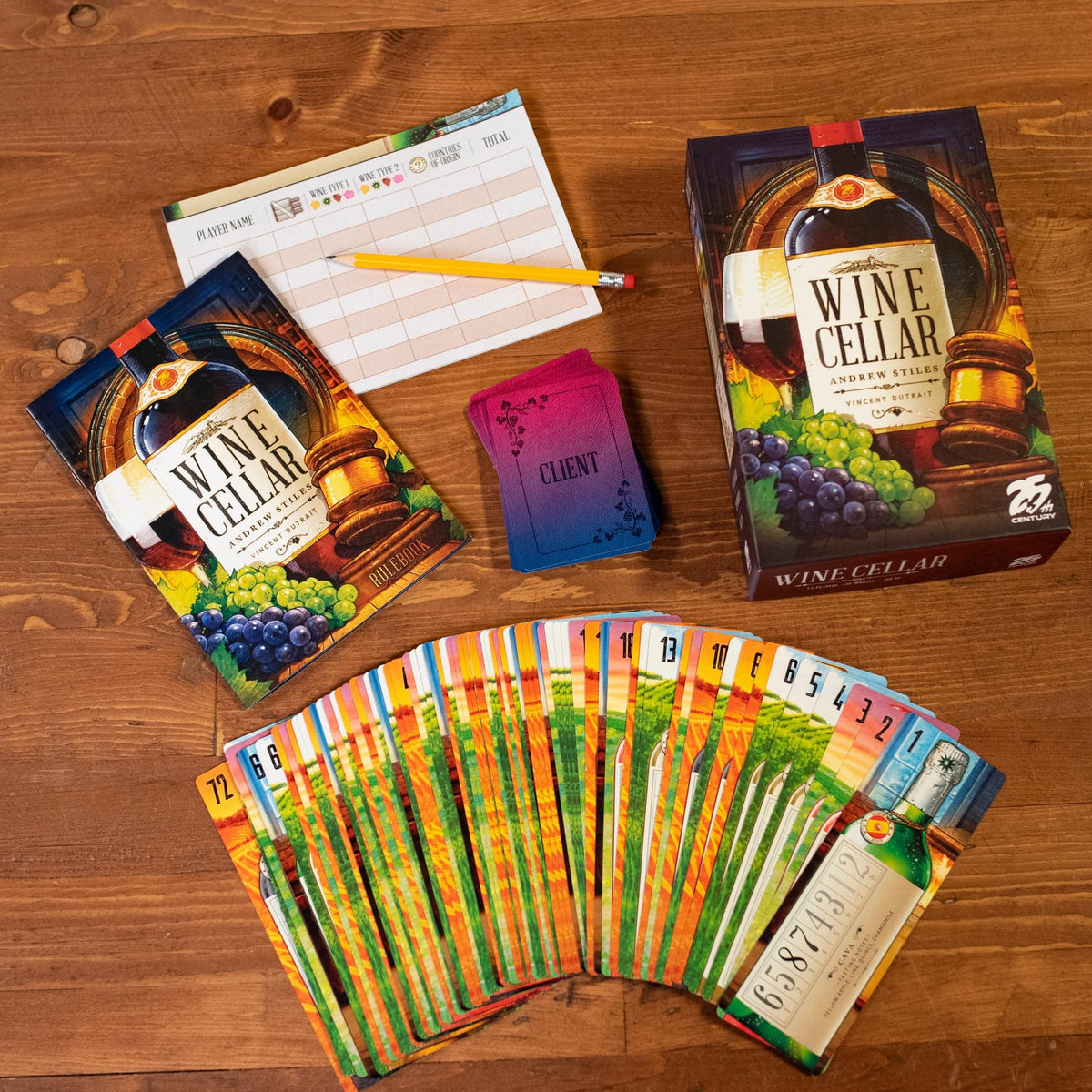 25th Century Games Wine Cellar components laid out for immersive play