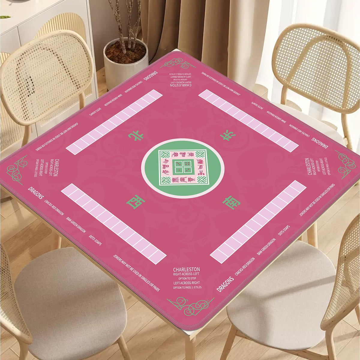 2F22E Mahjong Mat pink edge-sealed construction resists cracking.