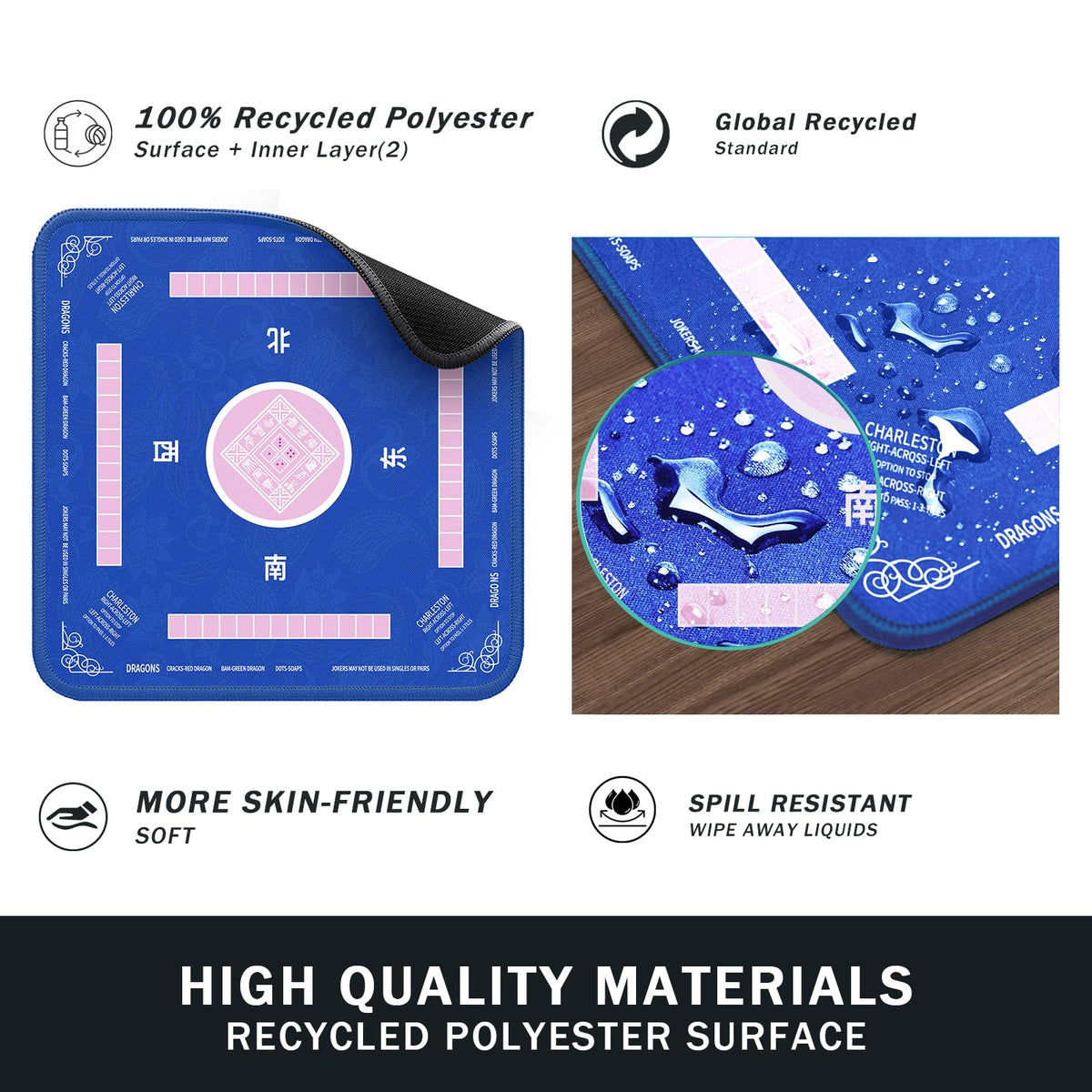 2F22E Mahjong Mat waterproof surface protects your desk from spills.
