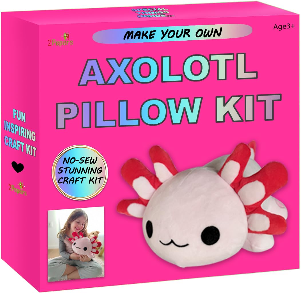 2Pepers axolotl pillow kit packaging shows complete supplies for easy no-sew crafting
