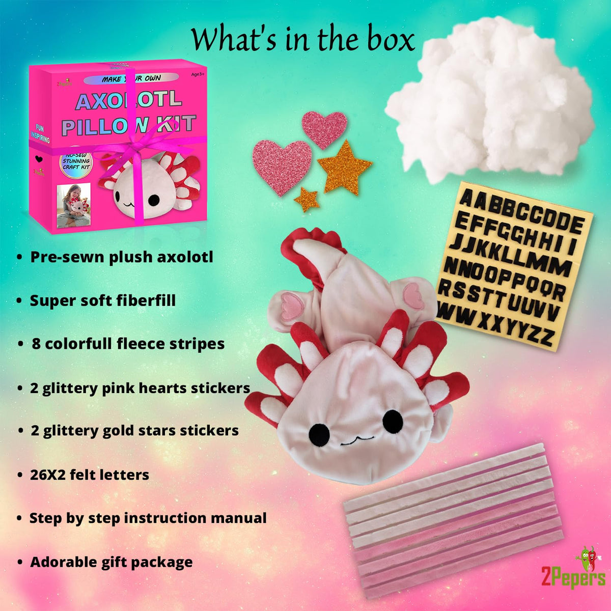2Pepers axolotl pillow parts and stuffing ready for creative design