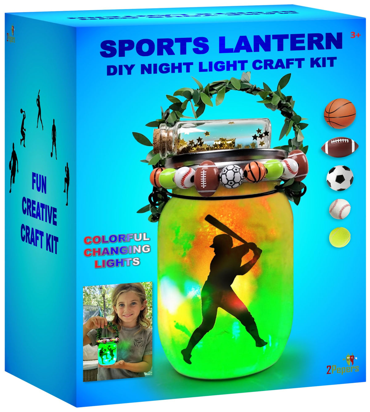 2Pepers Make Your Own Sports Night Light Jar Kit contents for kid-friendly crafting fun.