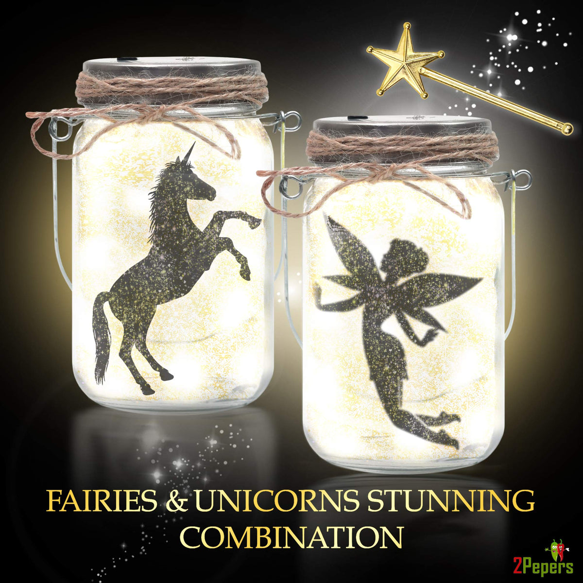 2Pepers unicorn lantern jar set with LED accents—creates magical room accents for storytelling.