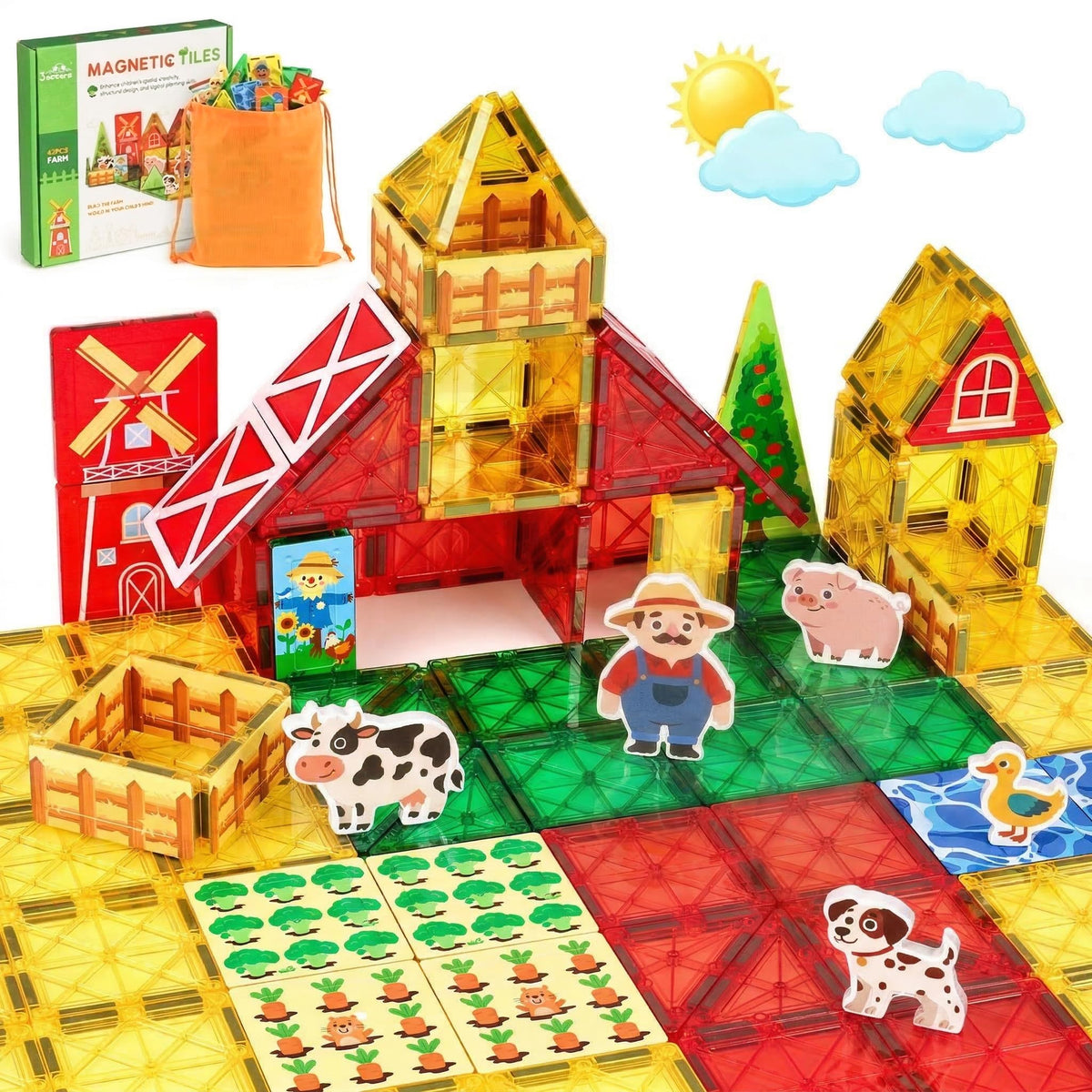 3 Otters magnetic tiles barn scene promotes imaginative storytelling and fine motor practice