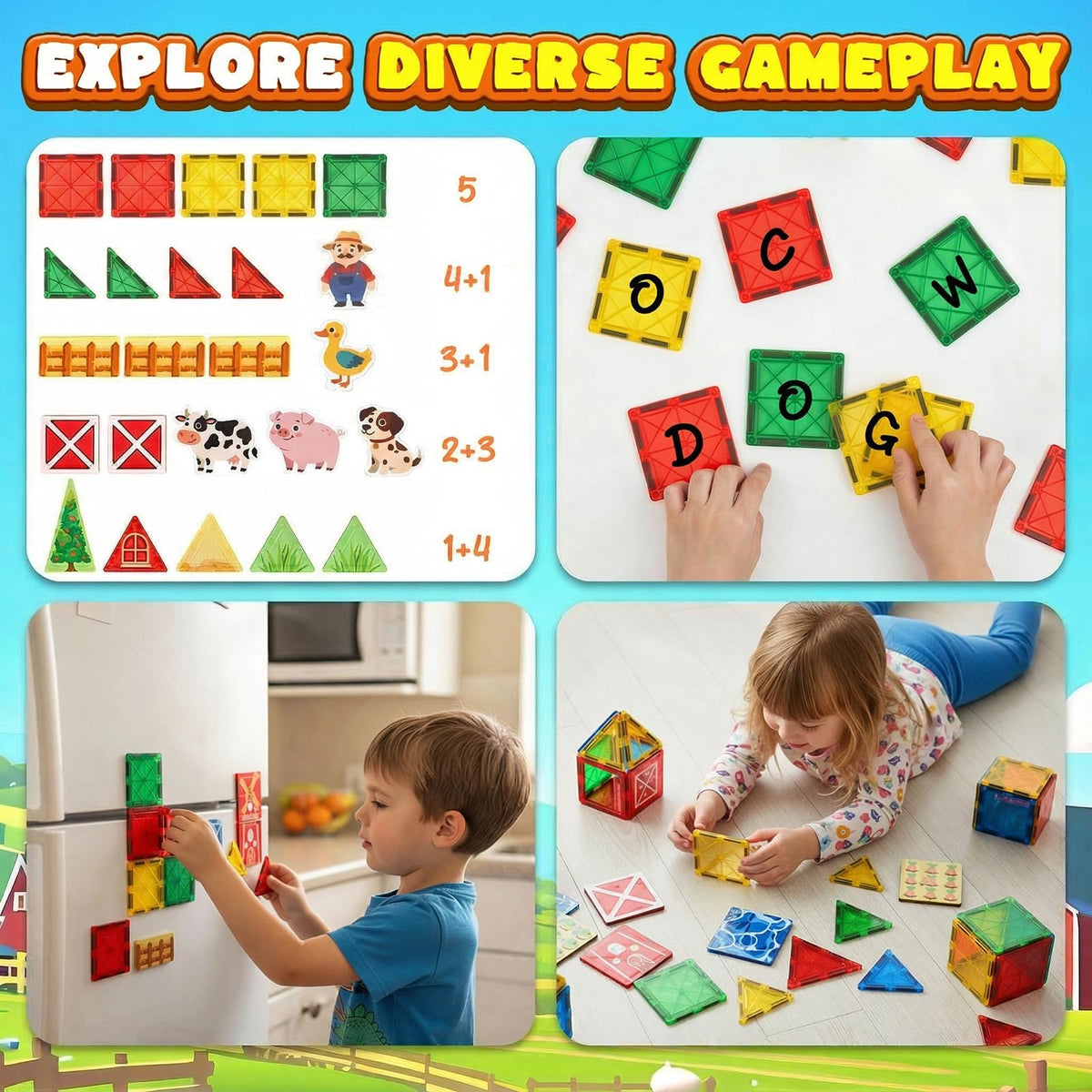3 Otters magnetic tiles fences scene encourages cooperative play and storytelling