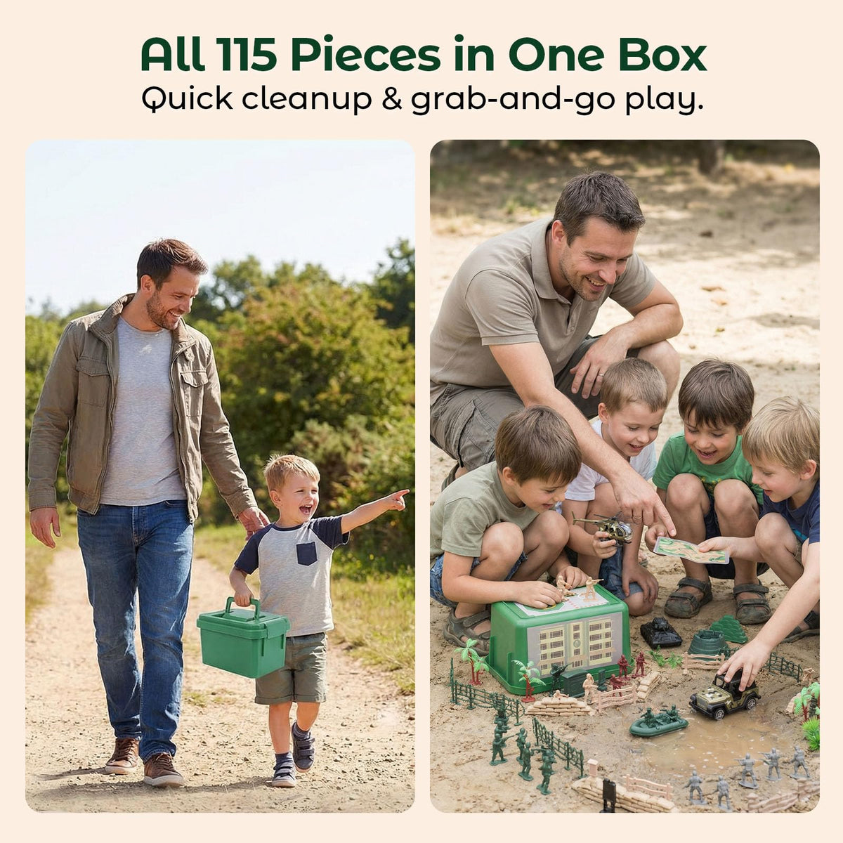 3 otters army playset storage box for tidy cleanup and easy transport.