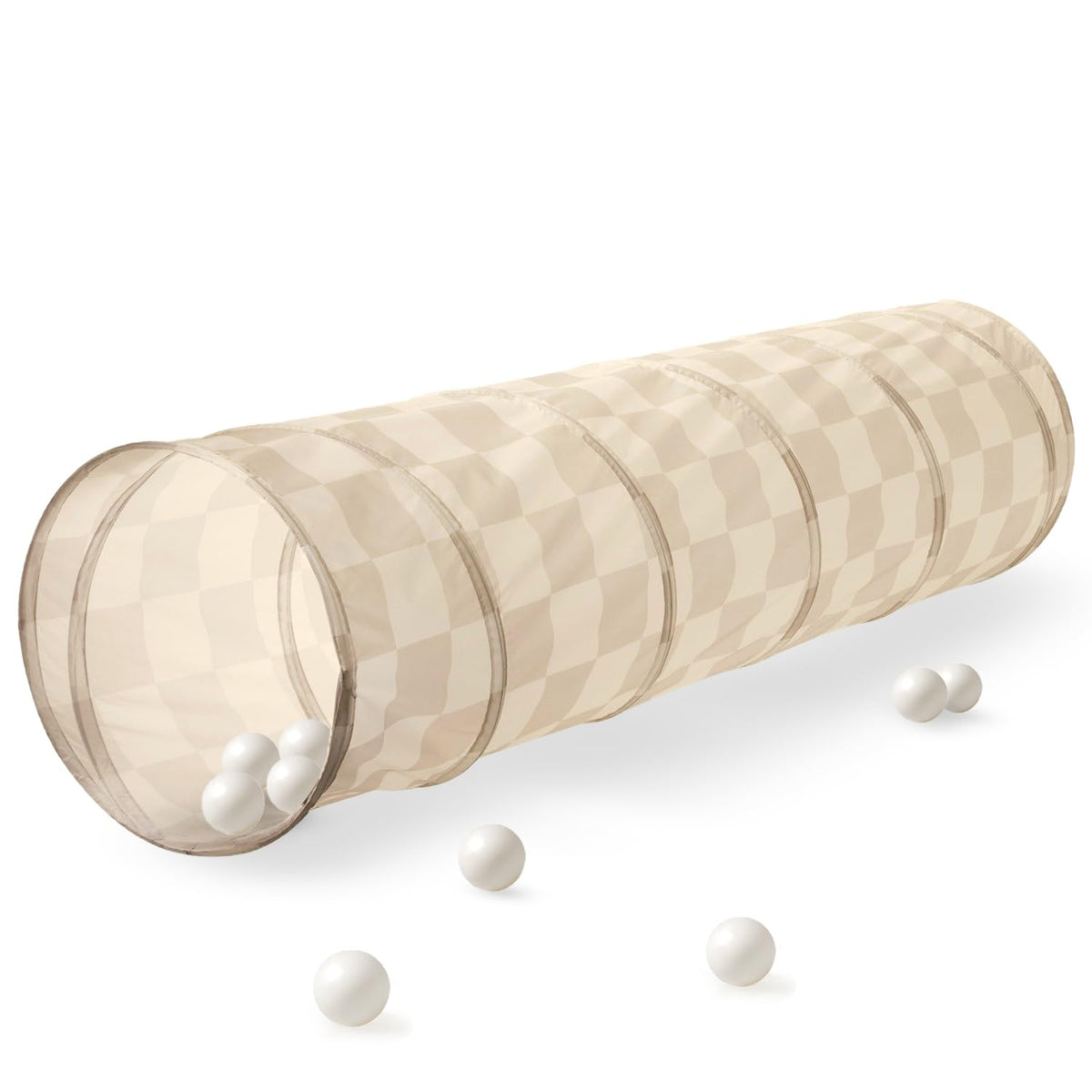 3 Sprouts play tunnel exterior in checkered beige ideal for indoor crawl fun