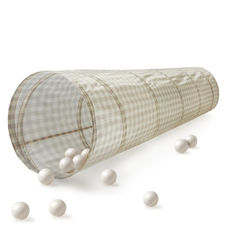 3 Sprouts play tunnel pop-up gingham beige; ideal for indoor crawl sessions and imaginative play.