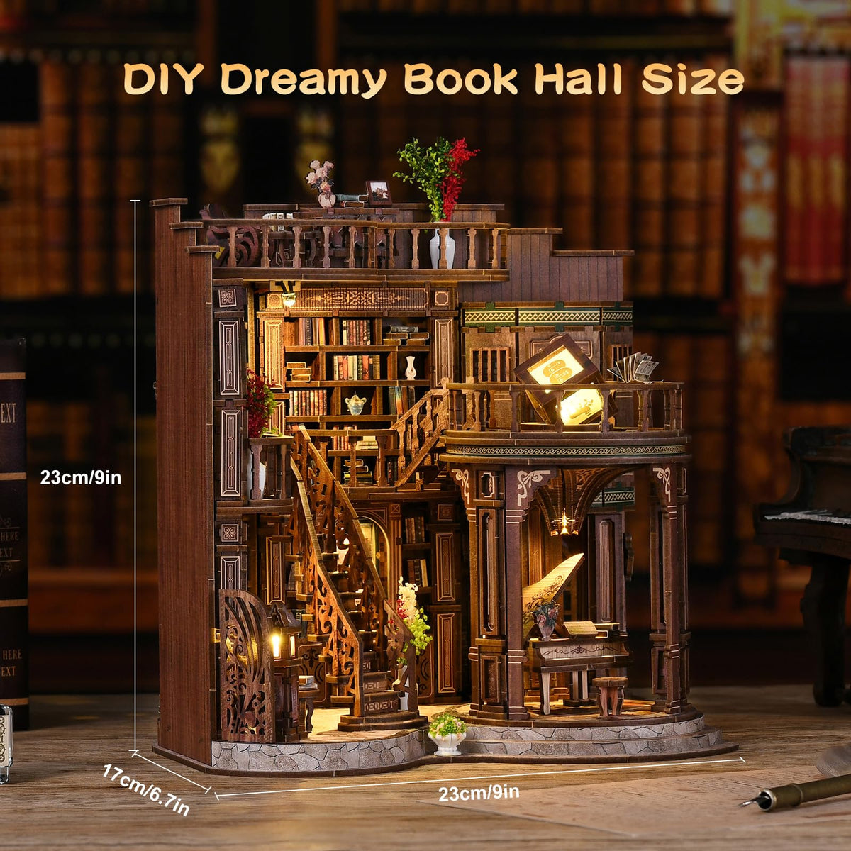 3DVASE Book Nook with LED light shining through tiny windows