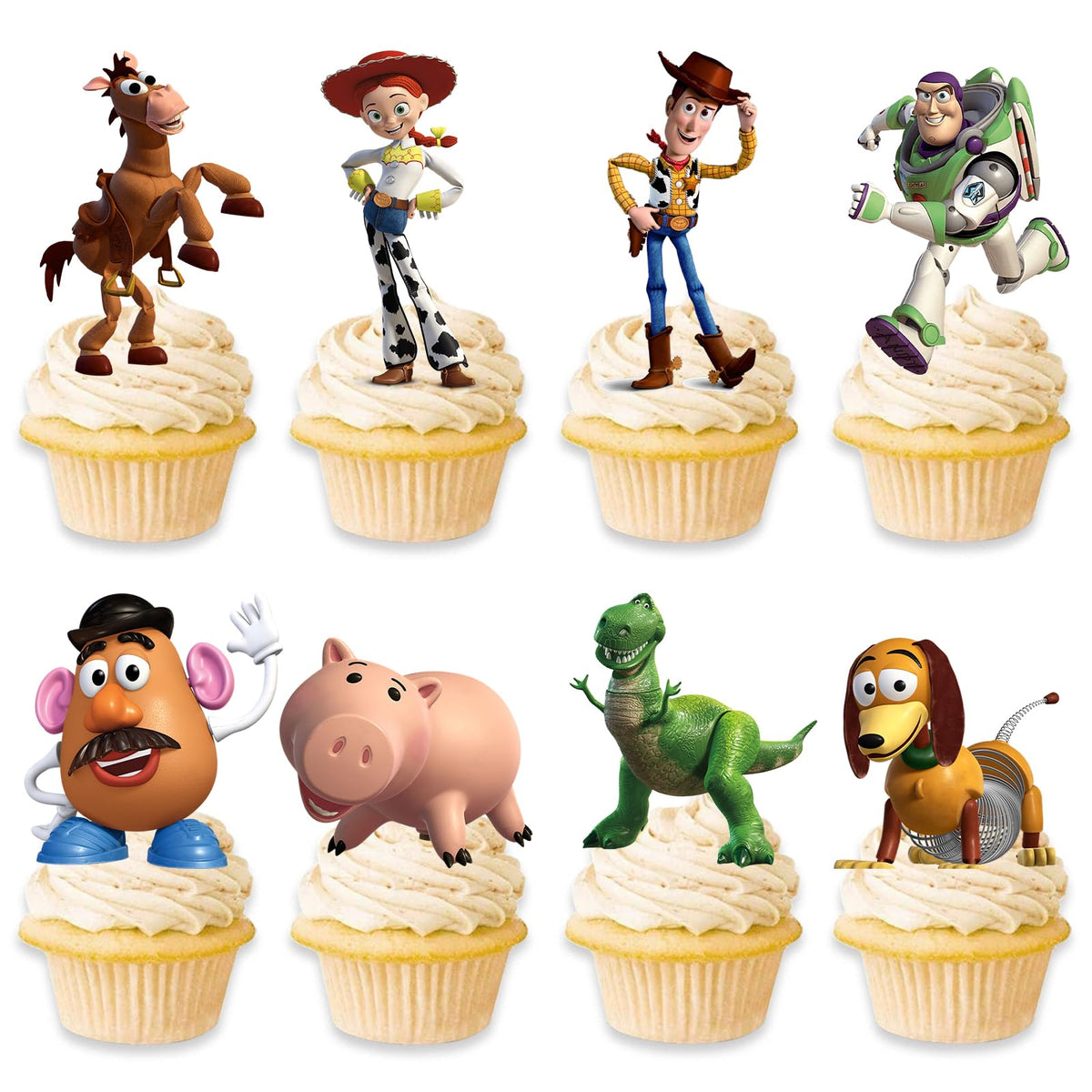 48Pcs Toy Inspired Story Cupcake Toppers pack closeup for stylish party decorating
