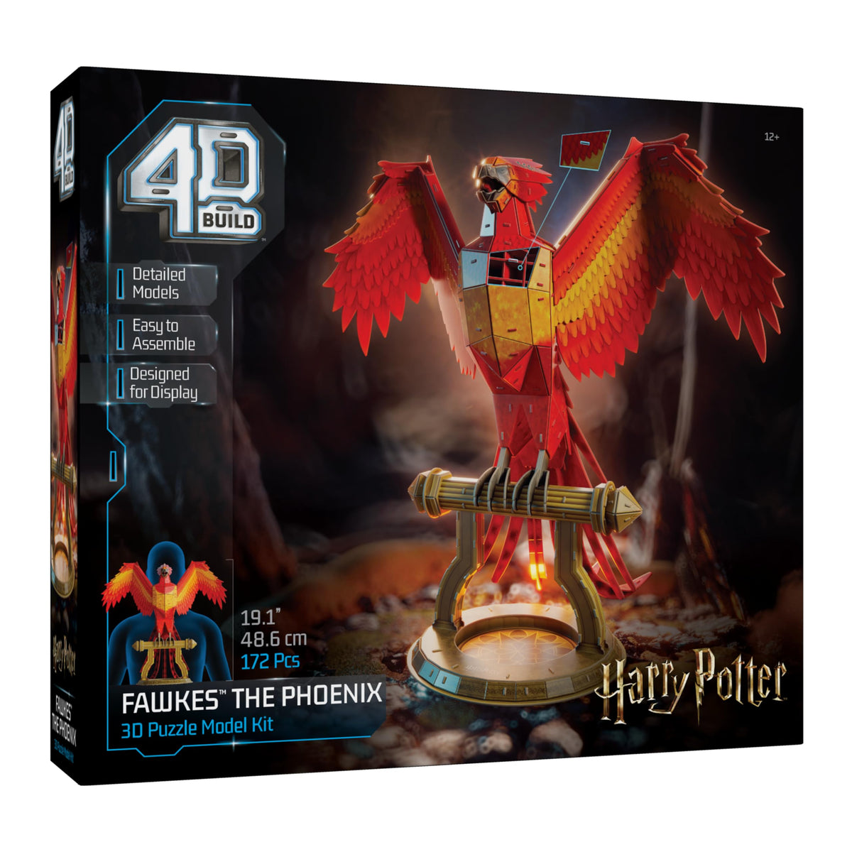 4D Build Fawkes puzzle on stand ready for shelf showcase.