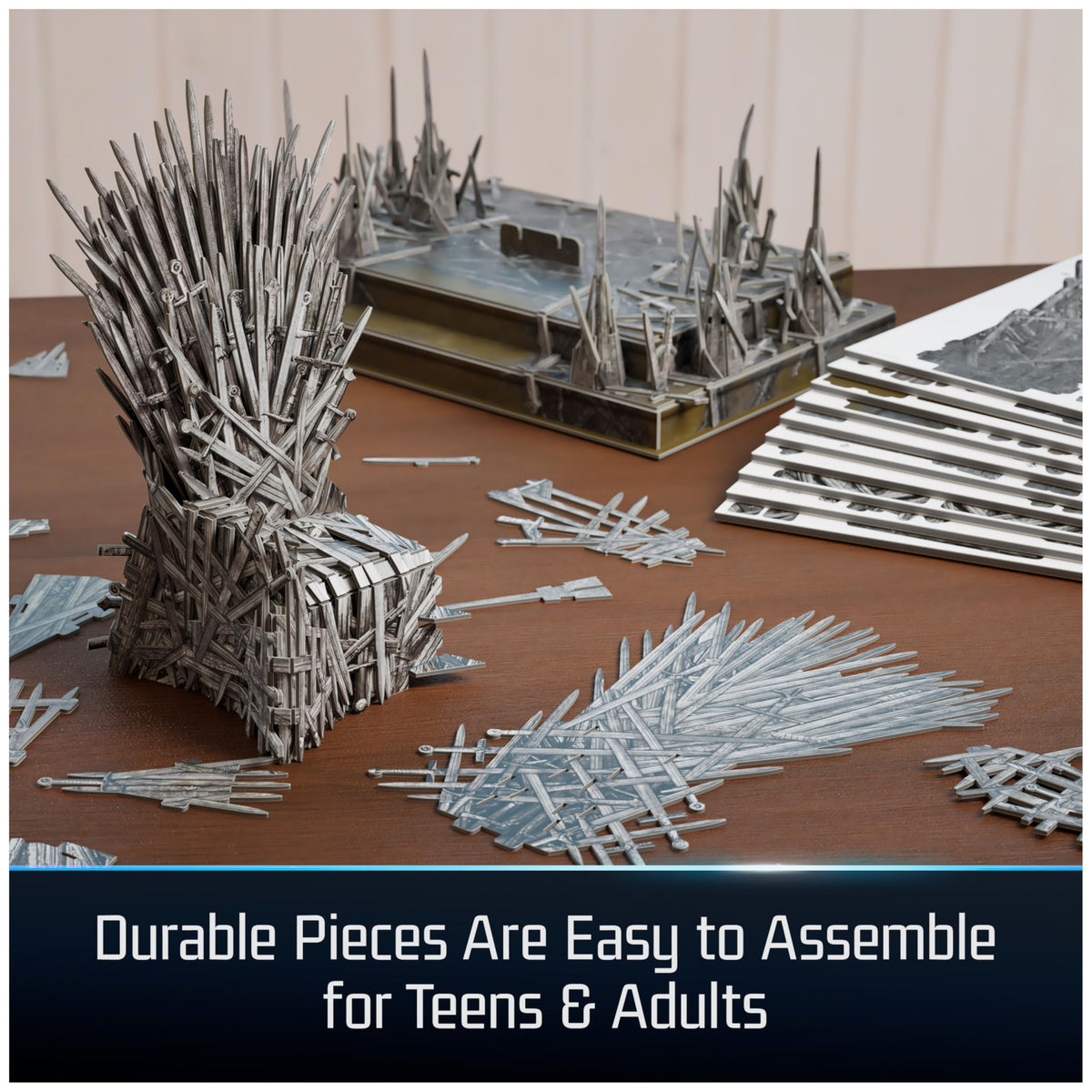 Punch-out pieces spread from 4D Build Iron Throne kit showing easy-assembly steps