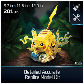 4D Build Pikachu assembled display highlighting the iconic lightning tail.
