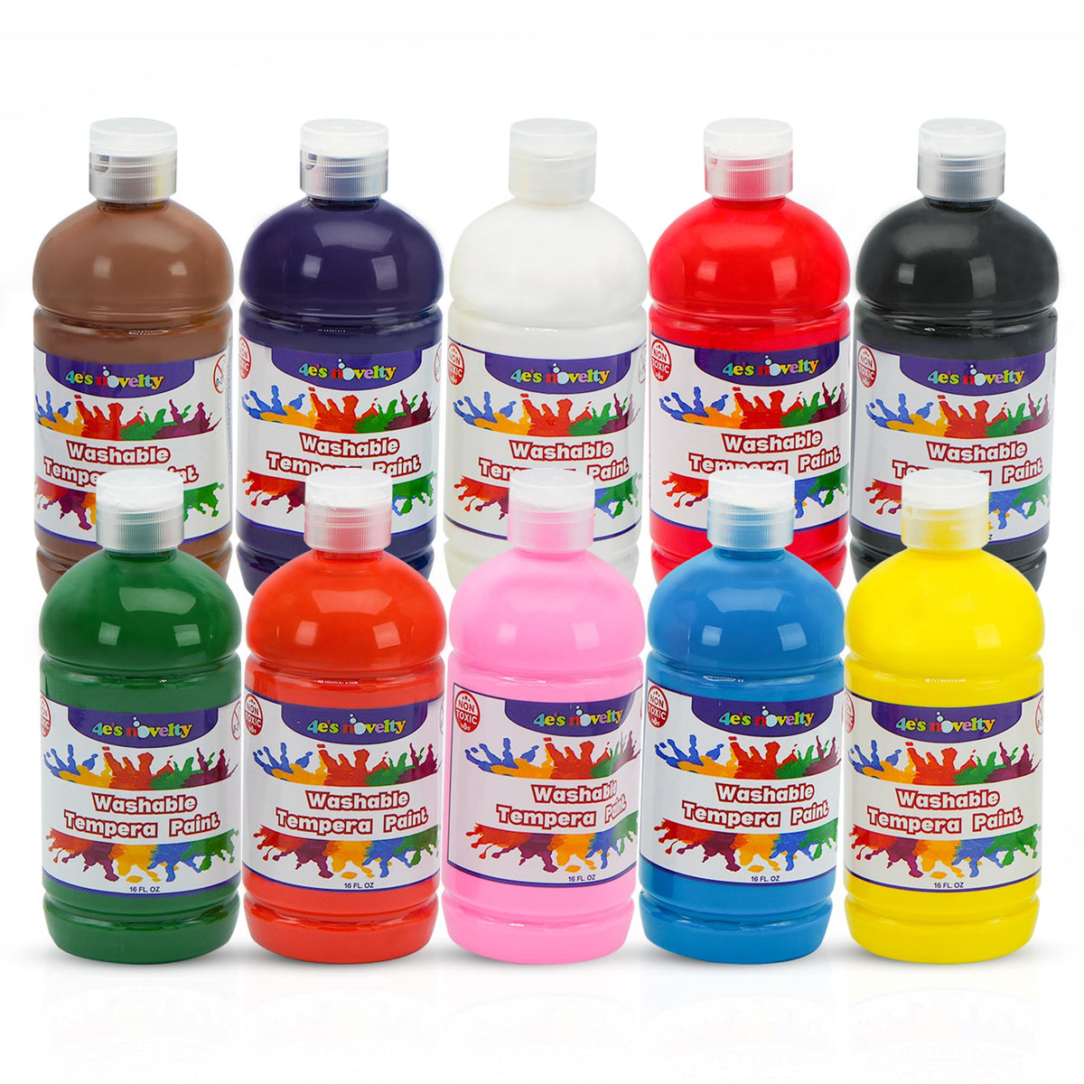 4E's Novelty 16oz washable tempera paint set with ten vibrant colors for kids