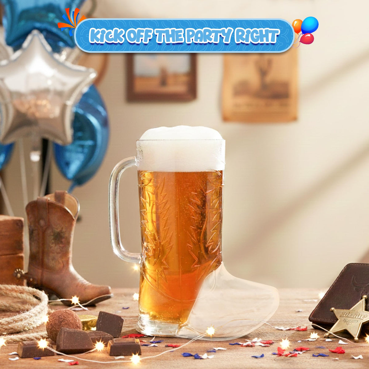 4E's Novelty 17oz cowboy boot mugs ideal for cold drinks at gatherings.