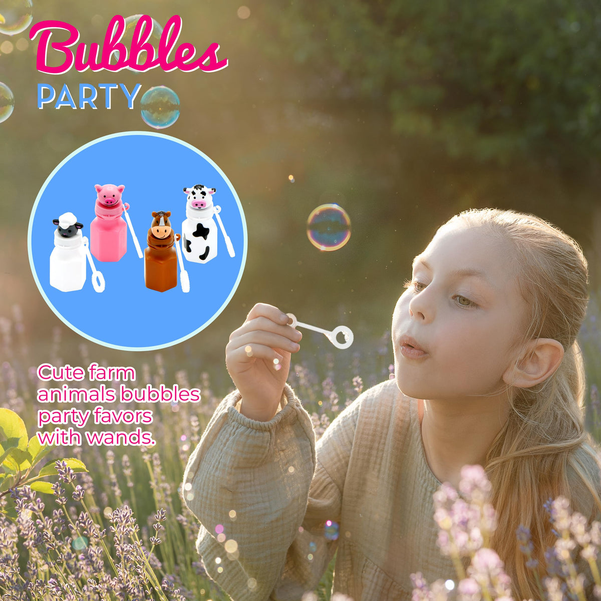 4E's Novelty Barnyard Bubbles bottle close-up with attached wand.