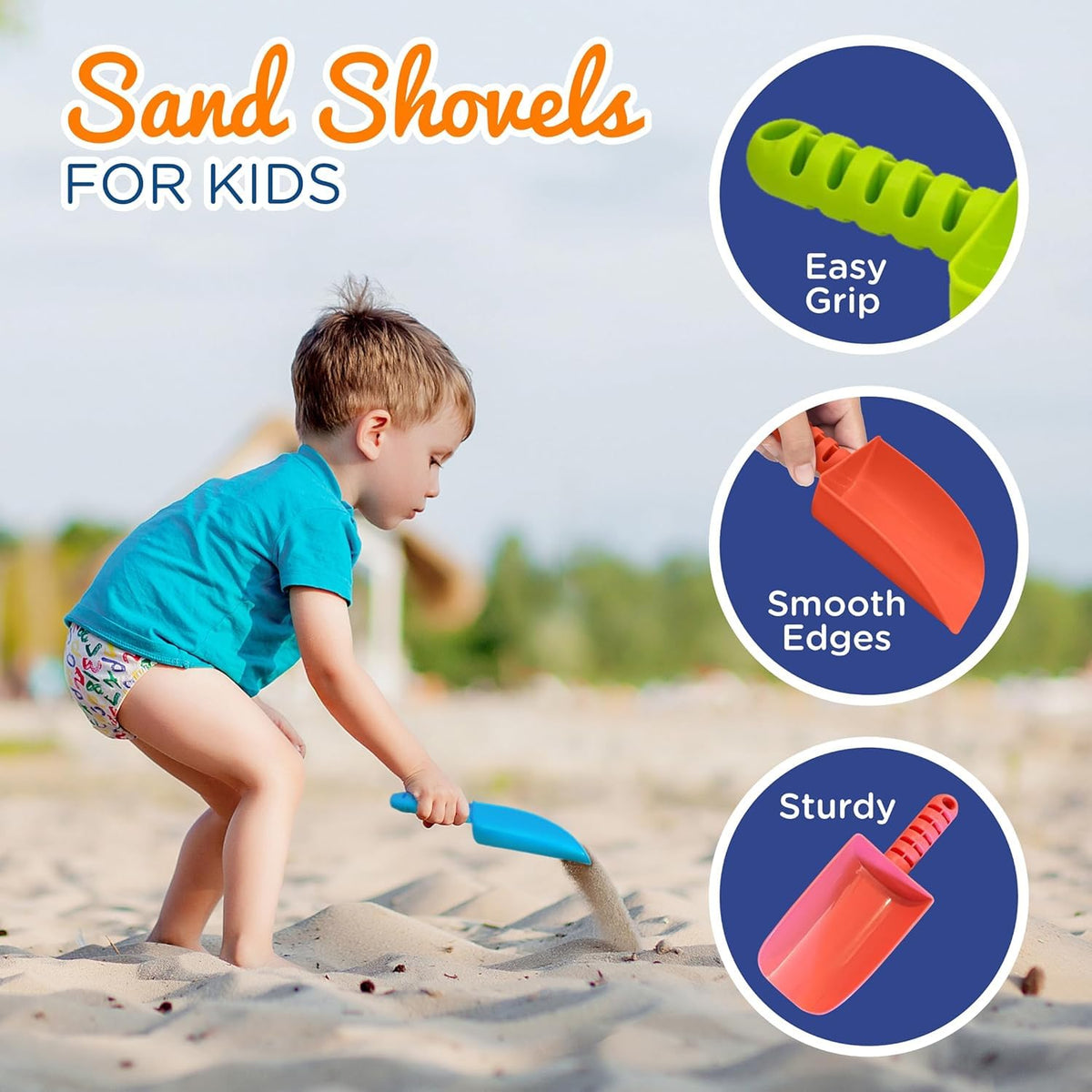 Durable plastic shovels built to last through summer play.
