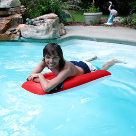 Bright red and blue wave design boogie board for kids' pool time.