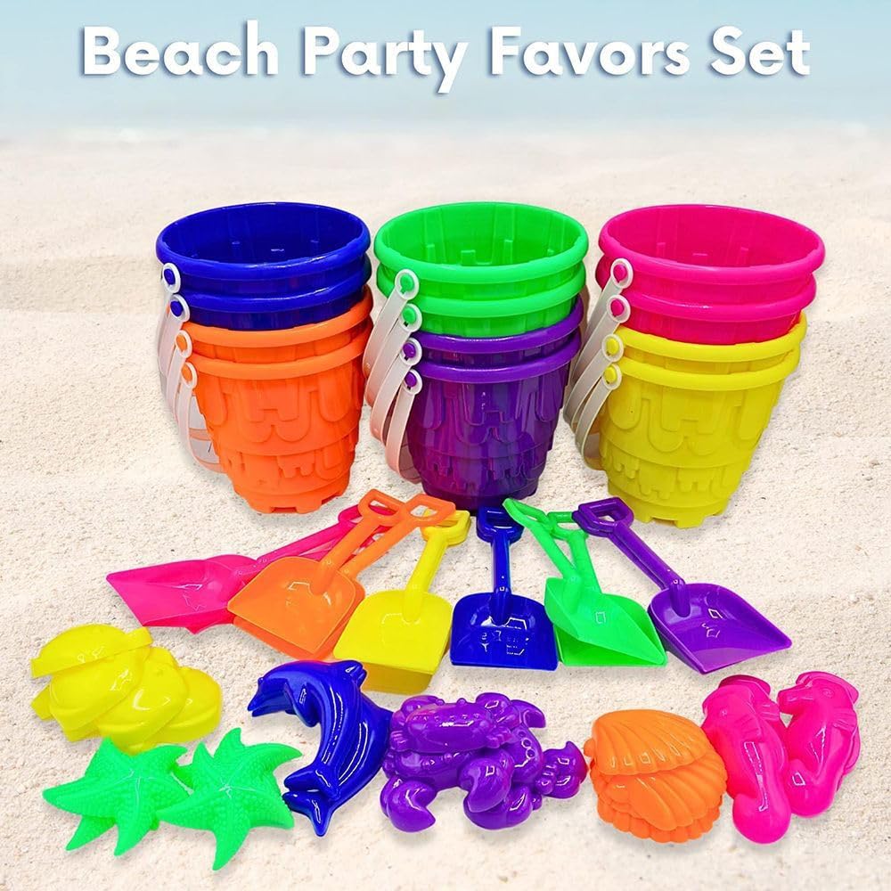 4E's Novelty six-color beach toys glistening under sunlight