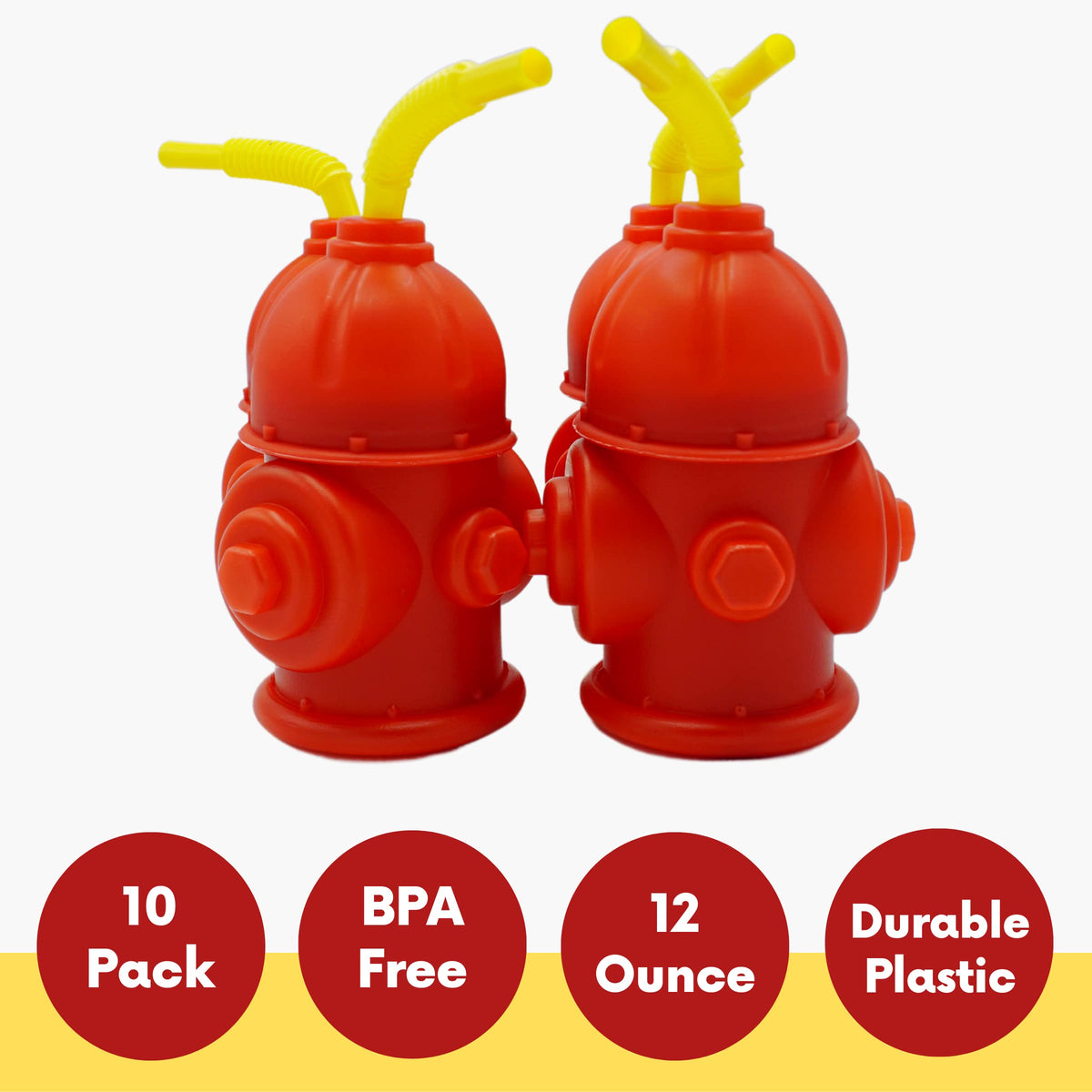 4E's Novelty fire truck sipper cups; easy-to-use lids keep drinks covered.