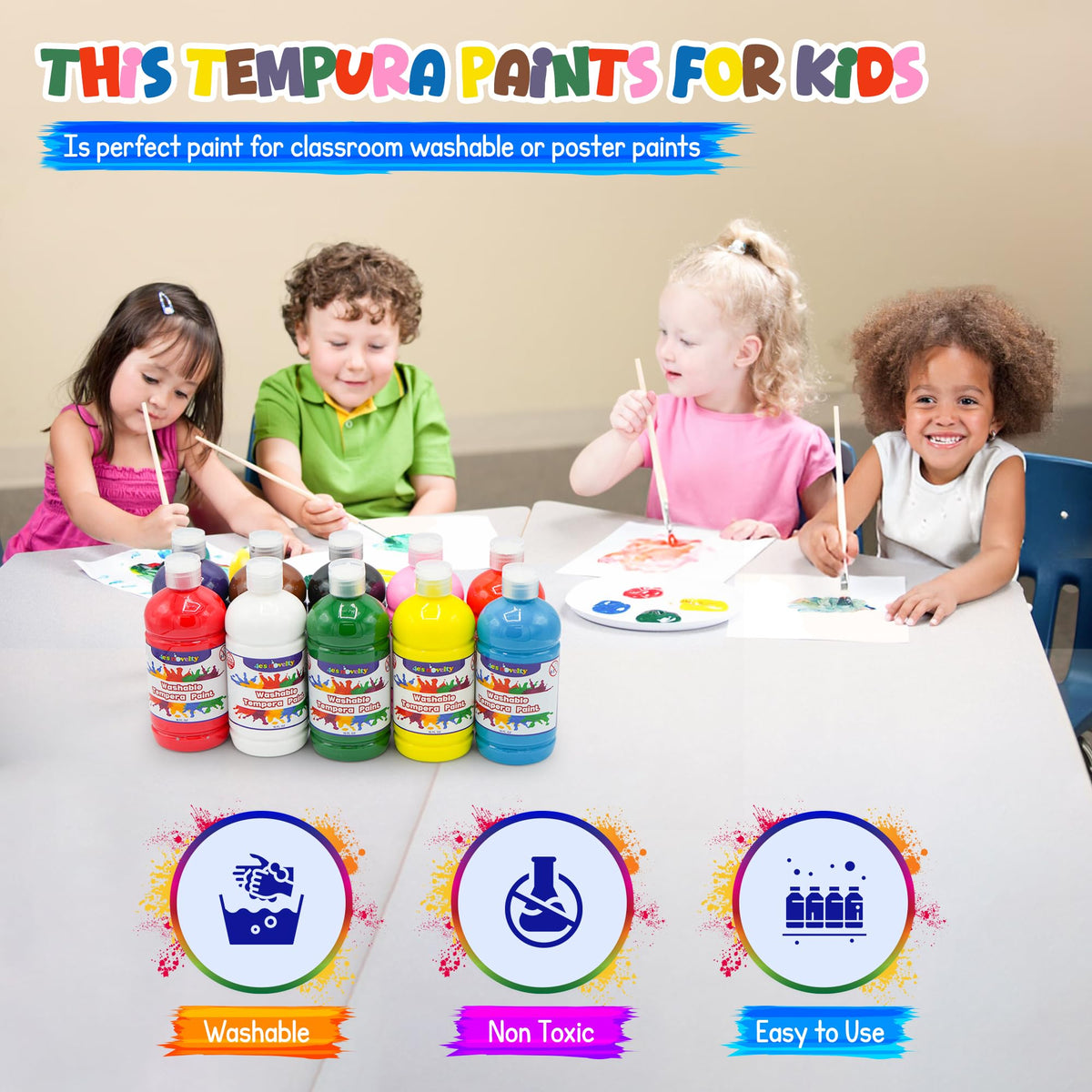 4E's Novelty washable tempera bottles with flip-top lid for mess-free use