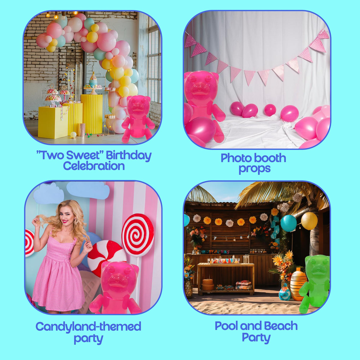 4E's Novelty gummy bears 24-inch pink float brings whimsical candyland vibes to events.