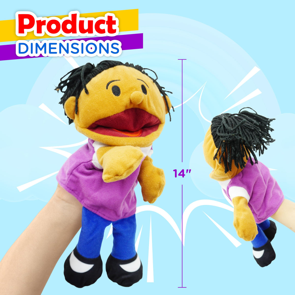 4E's Novelty hand puppet with colorful sewn-on outfits boosts visual storytelling and character play