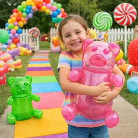 4E's Novelty inflatable gummy bear green, playful candy-theme prop for photos.