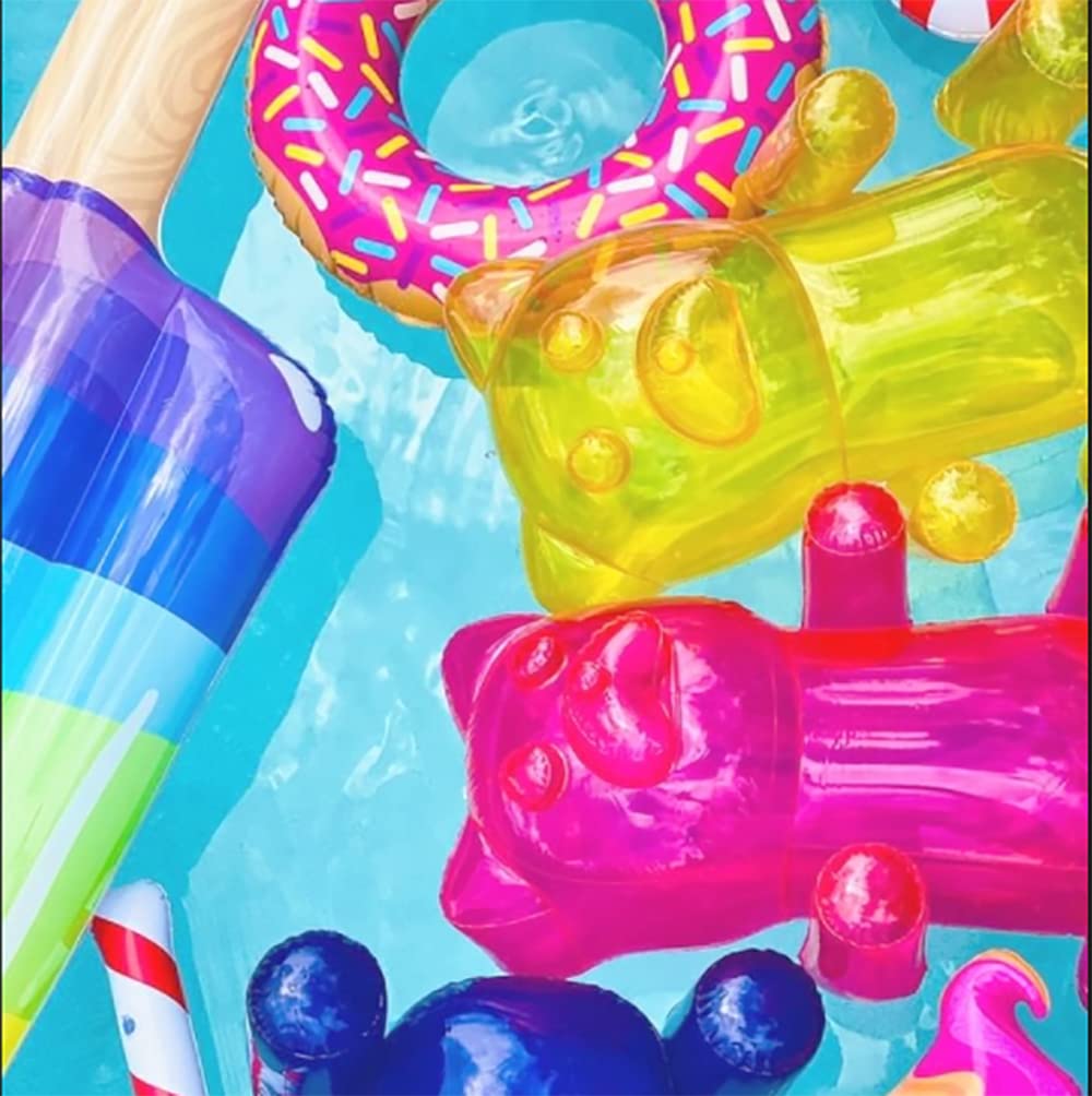 4E's Novelty inflatable gummy bears used as pool party decorations and prizes.