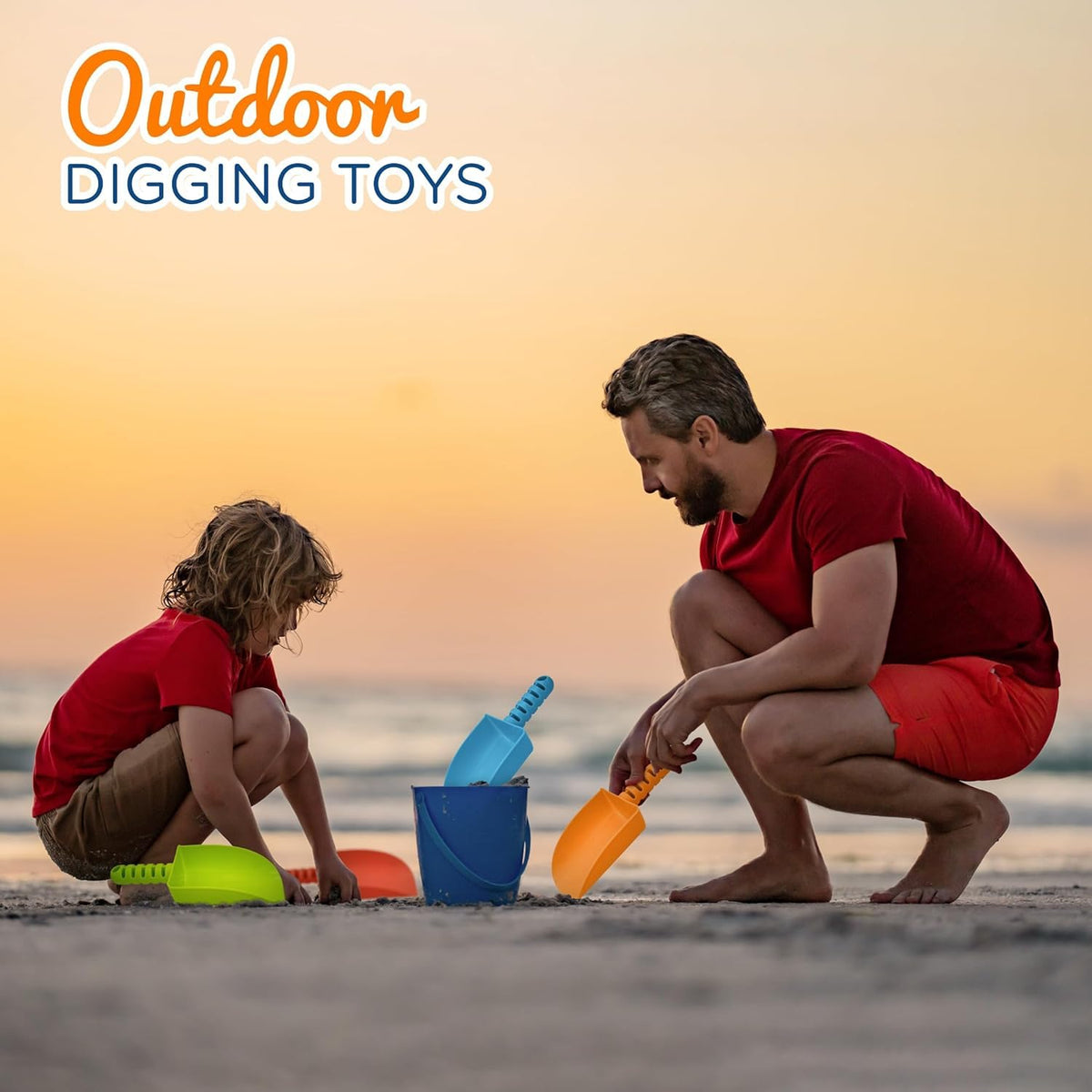 Bold colors help kids spot their shovel quickly.