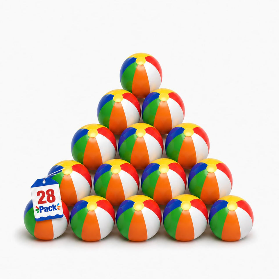 4E's Novelty mini beach balls 28-pack set for easy party favors and bulk fun.