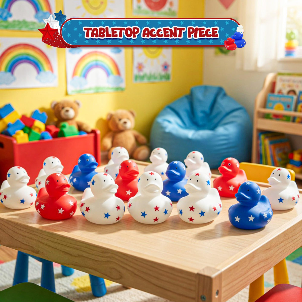 Memorial Day and Fourth of July decor with red, white, blue ducks.