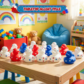 Memorial Day and Fourth of July decor with red, white, blue ducks.