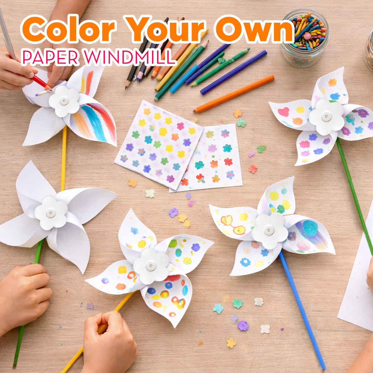 4E's Novelty instruction sheet for DIY pinwheels and assembly guidance