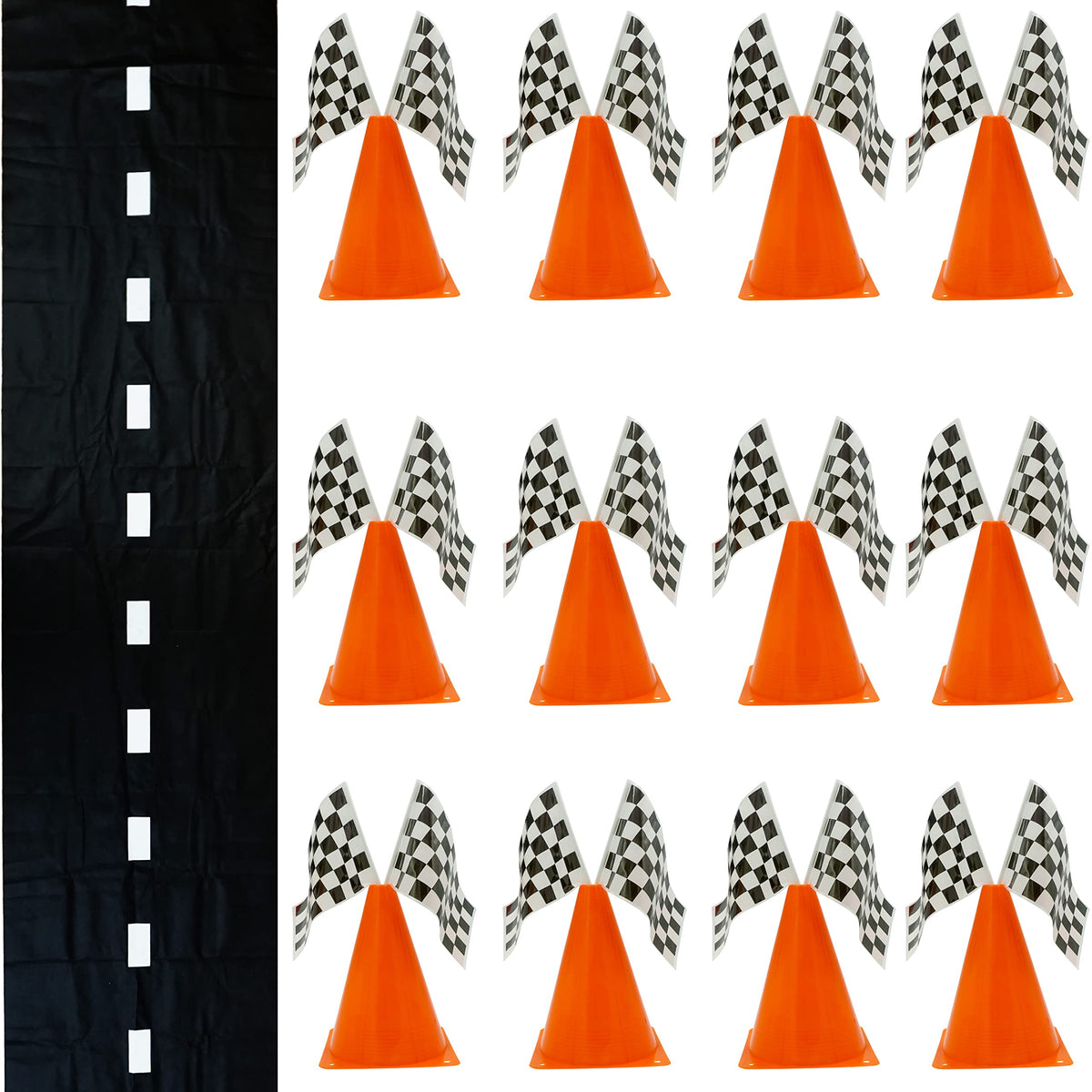 4E's Novelty racetrack floor runner for a bold party backdrop and photo area