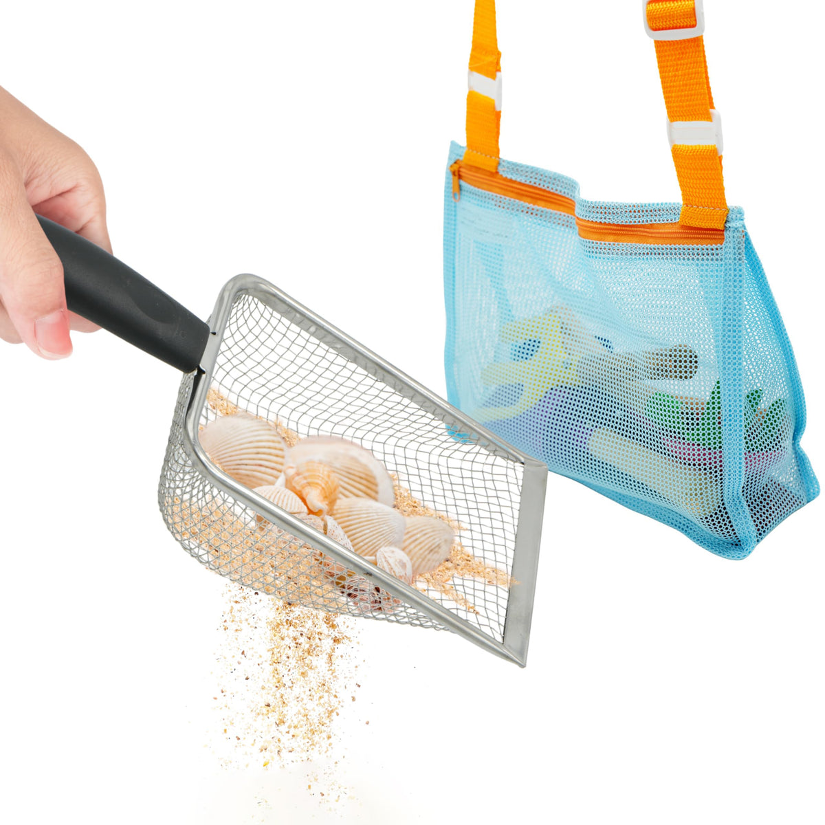 4E's Novelty stainless steel grid shovel for efficient sand filtering.